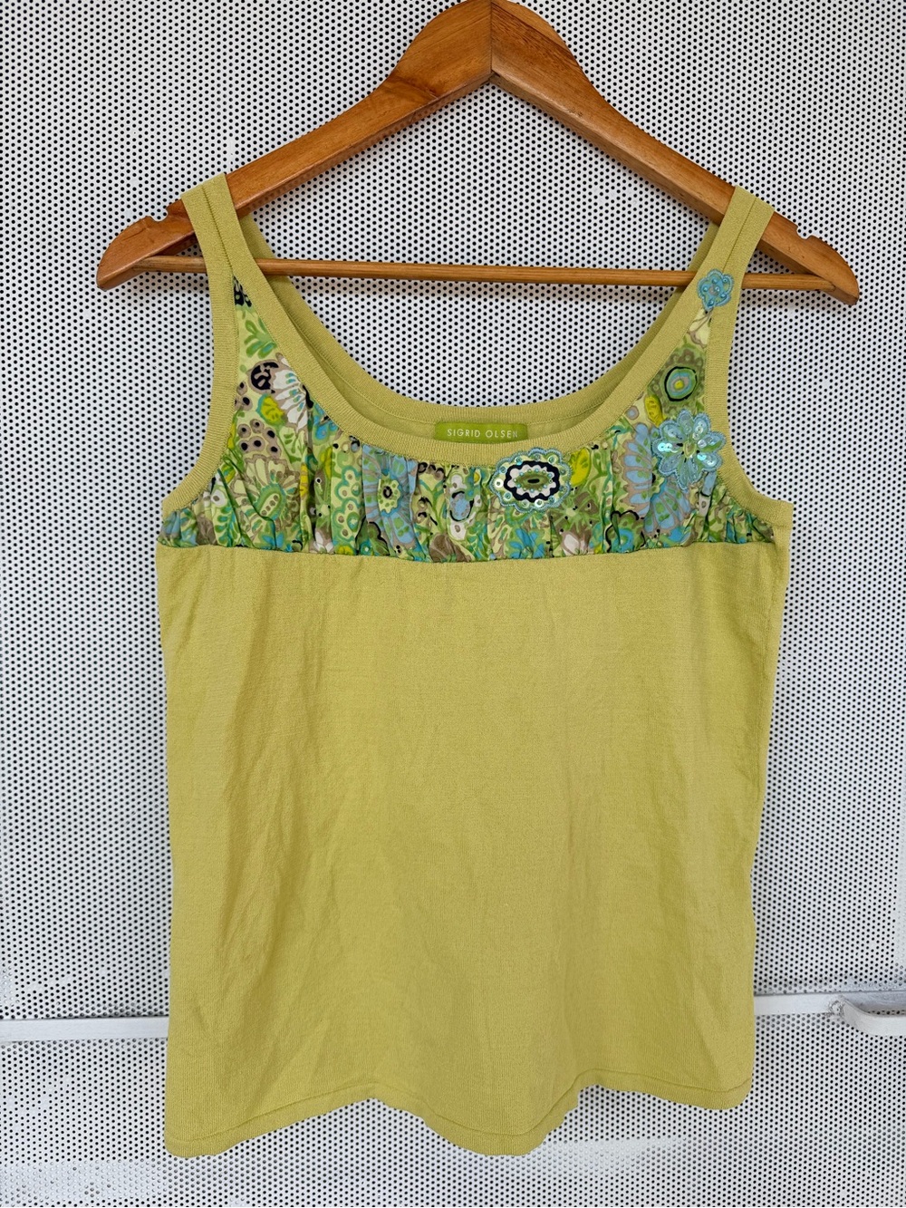 Vintage y2k silk Sigrid Olsen Lime Green Embroidered Yoke Tank